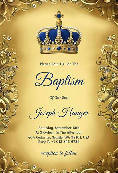 Royal Blue Baptism Invitation with Gold Crown and Ornate Decorative Frame