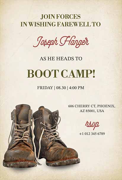 Rugged Farewell Party Design With a Military Boot Camp Theme, Camouflage Elements, and Rustic Background