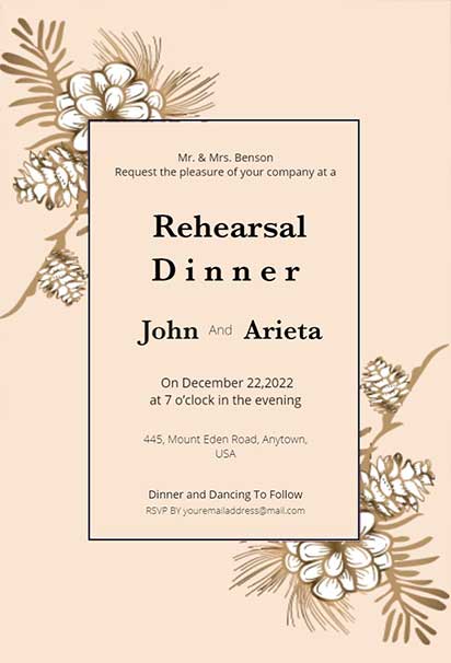 Rustic Winter Rehearsal Dinner Design With Pinecone Accents, Snowy Elements, and Cozy Festive Vibes