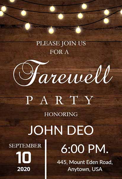 Warm Farewell Party Design Featuring Rustic Wooden Background and Hanging String Lights