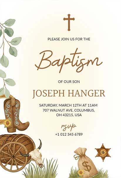 Rustic Western Cowboy Baptism Invitation with Earthy Brown Tones, Cowboy Hat, Boots, and Cross Elements