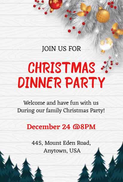 Snow-Touched Pines & Bauble Charm Christmas Dinner Invitation with Soft Tones and Elegant Holiday Details