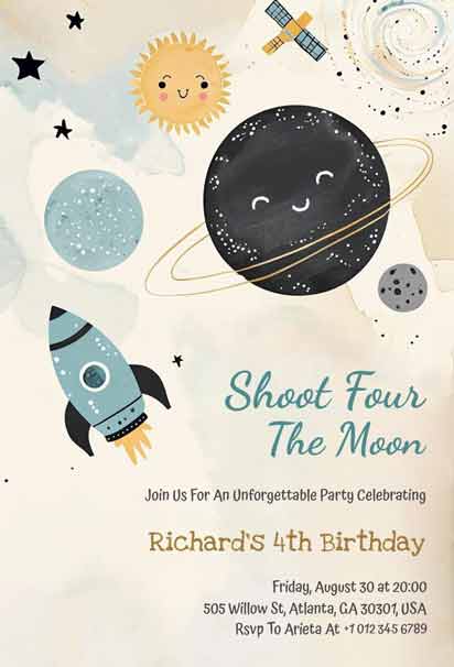 Shoot for the Moon Children's 4th Birthday Invitation Template with Fun Space and Starry Design