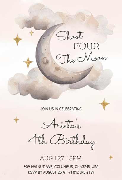 Space-Themed 4th Birthday Invitation Template for Kids Featuring 'Shoot Four the Moon' Design with Rockets and Stars