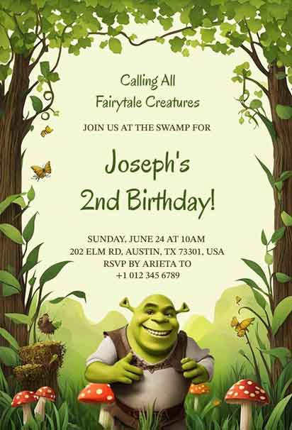 Shrek-Themed 2nd Birthday Party Fun Invitation Template with vibrant, playful design featuring Shrek