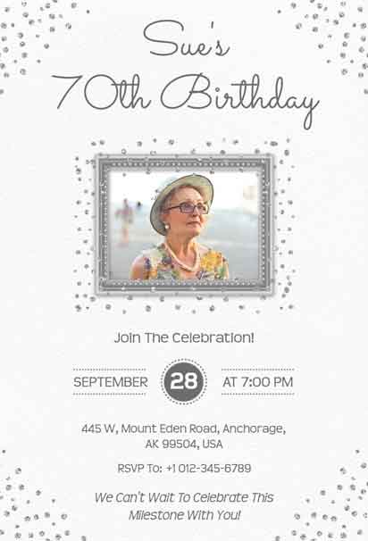 Silver Glitter 70th Birthday Invitation with a Sparkling and Elegant Design