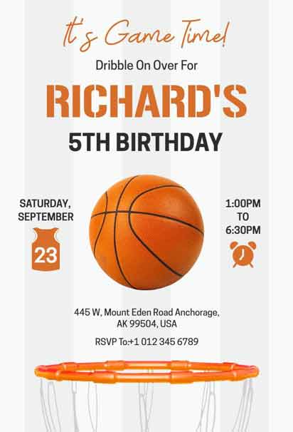 Simple 5th Birthday Basketball Invitation Template featuring bold text and fun basketball graphics