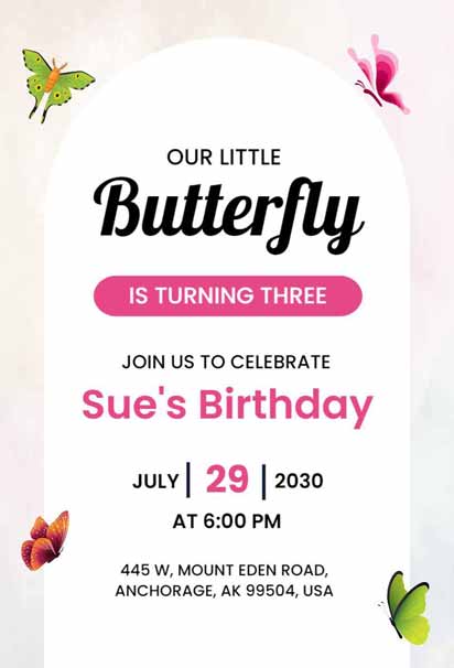 Simple Cream Butterfly 3rd Birthday Invitation Template with Whimsical Charm