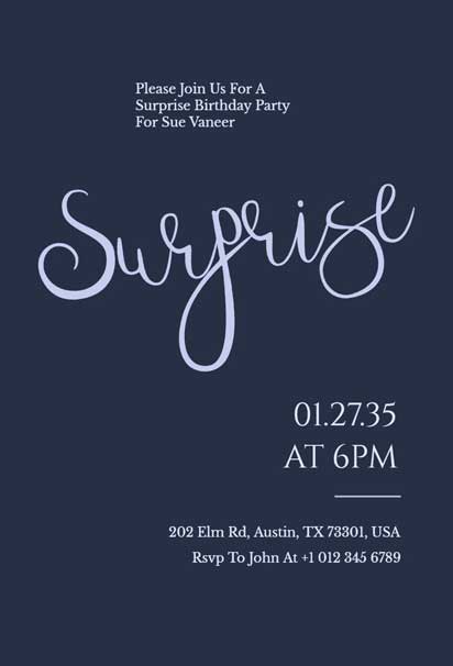 Simple Dark Blue Surprise Birthday Party Invitation with a Sleek and Modern Design