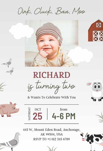 Gray and White Simple Farm 2nd Boy Birthday Invitation Template, featuring a clean and rustic design