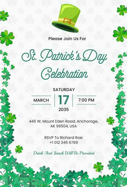 Simple St. Patrick’s Day Celebration Invitation with Minimal Design and Classic Green Hues
