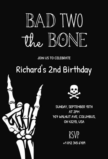 Skeleton Themed Kids 2nd Birthday Invitation Template featuring a playful and spooky skeleton design