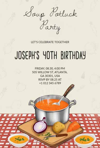 Soup Potluck 40th Birthday Invitation Template with cozy illustrations of soup bowls