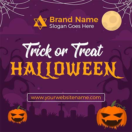 Spooky Purple Halloween Night Greeting Card with Glowing Pumpkins and Eerie Graveyard Scene