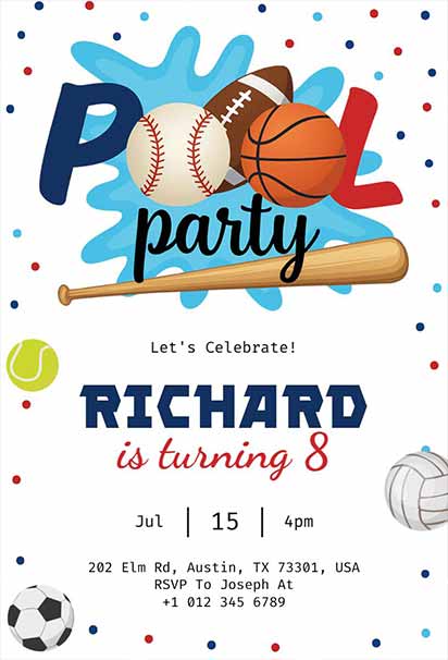 Energetic Kids’ Pool Birthday Party Design Featuring Sports Balls, Water Splashes, and Bright Festive Colors