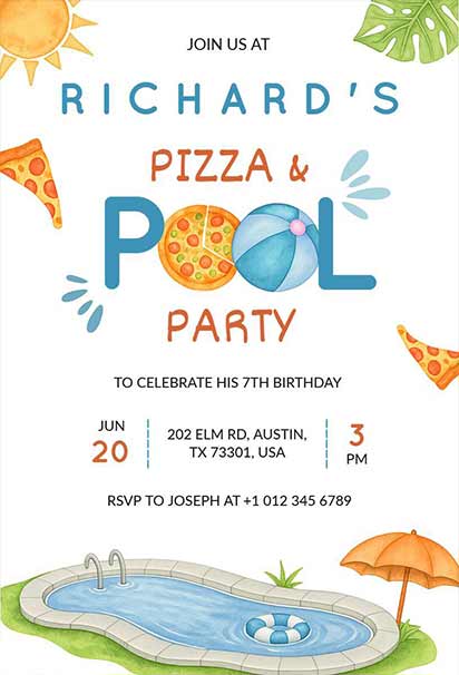 Bright Summer Pizza-Themed Pool Birthday Invitation with Fun Illustrations and Playful Tropical Vibes