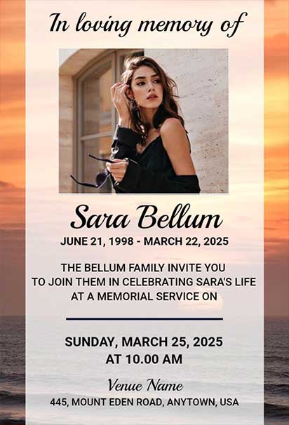 Peaceful Funeral Invitation Design With a Serene Sunset Background and Gentle, Soothing Elements