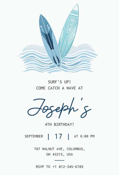 Surf-Themed Children's 4th Birthday Invitation Template with Fun Beach and Wave Design