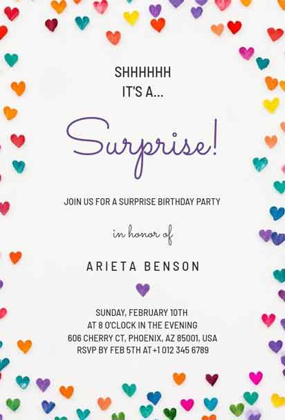 Surprise Birthday Party Invitation with Colorful Hearts and a Cheerful Design