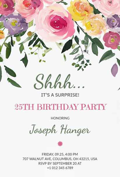 Floral 25th Surprise Birthday Party Invitation with an Elegant and Delightful Design