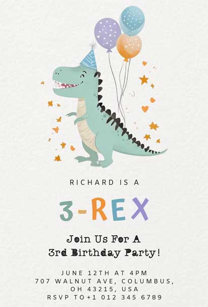 3-Rex Themed Dinosaur 3rd Birthday Party Invitation with a Bold and Exciting Design
