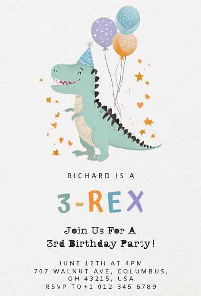 T-Rex-Themed Dinosaur 3rd Birthday Party Invitation with a Fun and Prehistoric Design