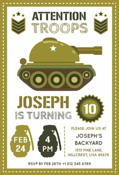 Tank Illustration 10th Birthday Party Invitation Template for Kids, featuring a fun and dynamic tank design