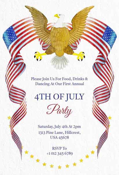 The Flag Flowing 4th of July Party Invitation Design with Dynamic American Flag and Patriotic Accents