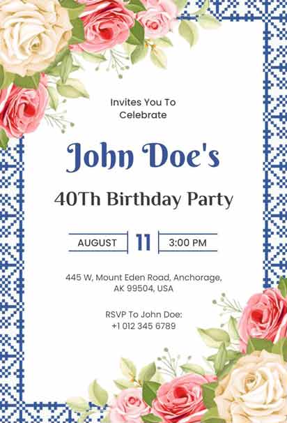 Traditional 40th Birthday Invitation Template featuring a classic and elegant design