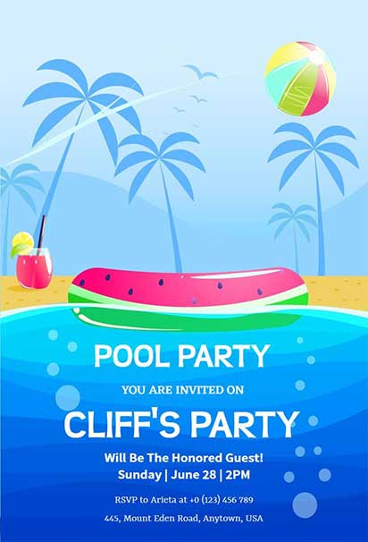 Tropical Beach Pool Party Invitation with Palm Trees, Sandy Shores, and Vibrant Coastal Colors