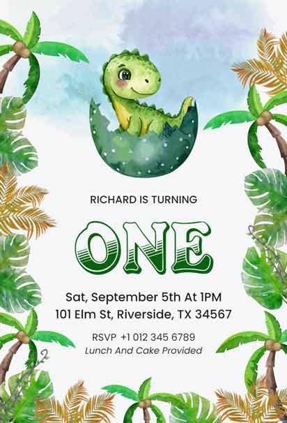 Tropical Dinosaur-Themed 1st Birthday Invitation with a Fun and Lush Design