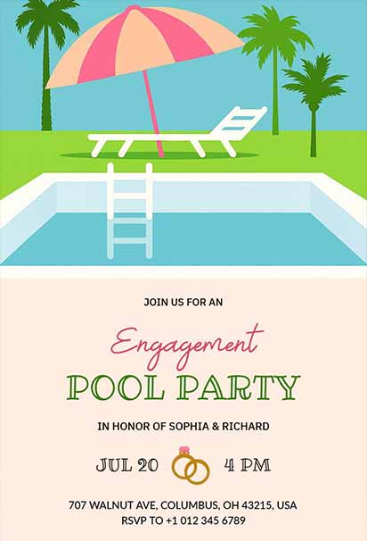 Tropical Engagement Pool Party Invitation with Palm Leaves and Sunset Watercolor Accents