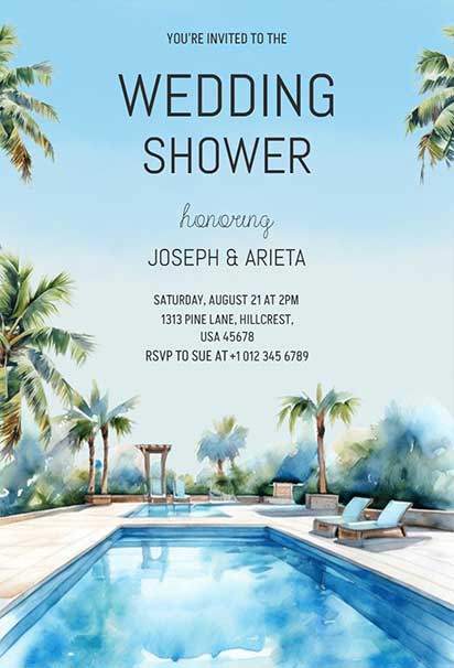 Elegant Tropical Wedding Shower Pool Party Invitation with Palm Leaves and Soft Pastel Accents