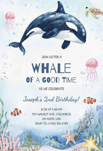 Underwater Whale 2nd Birthday Celebration Invitation Template with a playful and colorful ocean theme