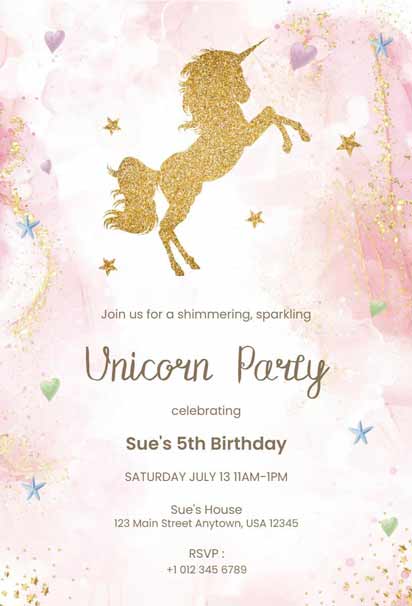 Watercolor and Glitter Unicorn Birthday Party Invitation Template with a whimsical unicorn design