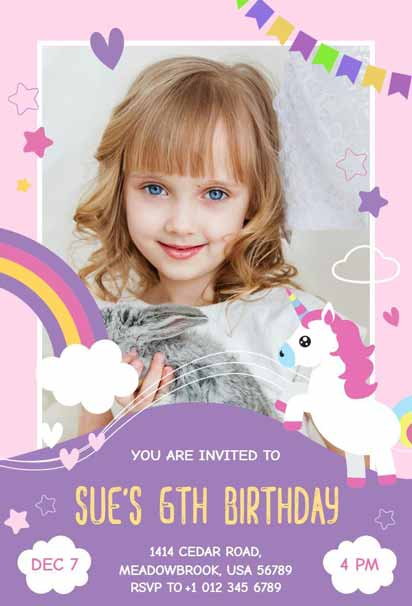 Rainbow-Themed 6th Rainbow Birthday Party Invitation Template featuring a colorful and playful design