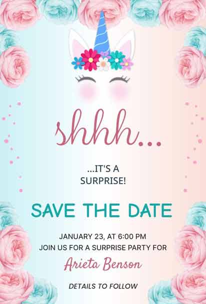Unicorn Save the Date Surprise Birthday Invitation with a Magical and Colorful Design
