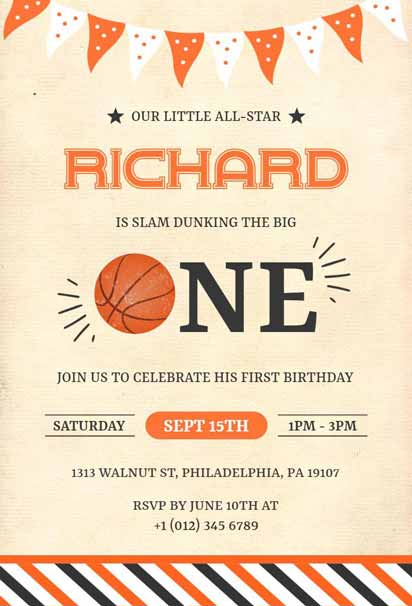 Vintage 1st Birthday Basketball Invitation Template with classic design elements and playful typography