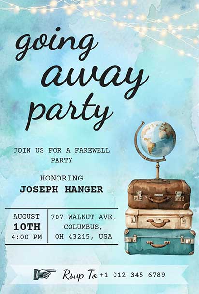 Classic Farewell Party Design Featuring Vintage Travel Icons, Retro Maps, and Aged Paper Textures