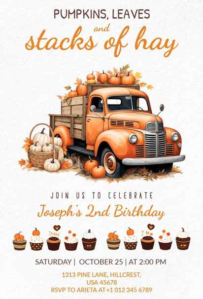 Vintage Truck and Haystack 2nd Birthday Invitation Template featuring rustic charm and adorable farm-themed elements