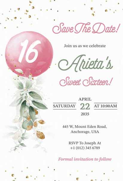 Watercolor Balloon Save the Date for Sweet Sixteen Birthday Invitation with a Soft and Joyful Design