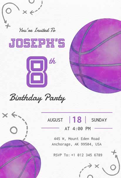 Watercolor Basketball-Themed 8th Purple Birthday Invitation Template for a Fun Celebration