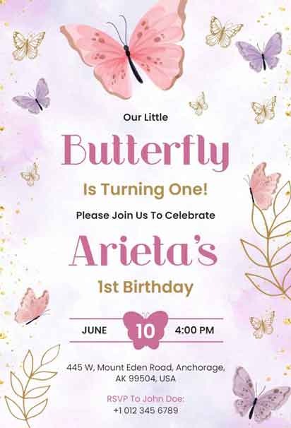 Watercolor Butterfly 1st Birthday Invitation Template with Soft Pastel Florals