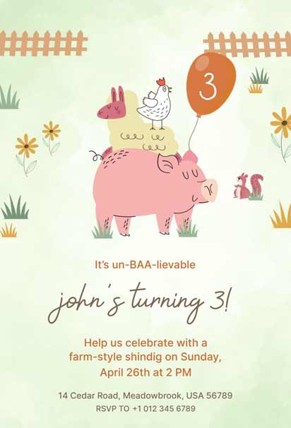 Watercolor Farm 3rd Birthday Invitation Template, featuring charming watercolor illustrations