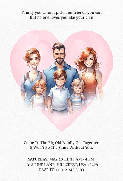 Heartwarming Get-Together Design With a Watercolor Heart Frame and Custom Family Photo Feature