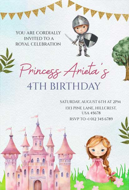 Watercolor Knight Princess 4th Birthday Invitation Template with a charming and whimsical design