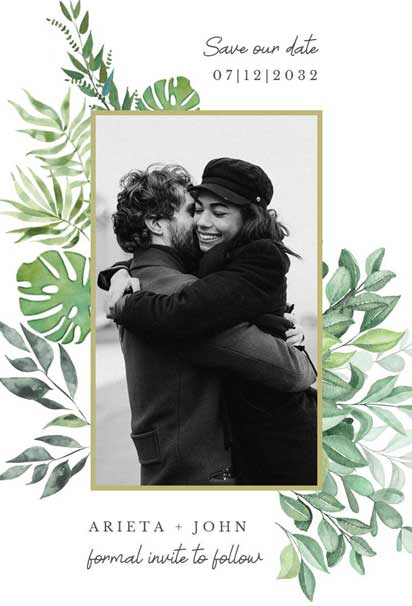 Watercolor Leaf Photo Save the Date Announcement Invitation with a Soft and Elegant Design