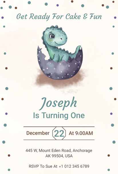 Watercolor Little Dinosaur-Themed 1st Birthday Invitation with a Cute and Whimsical Design