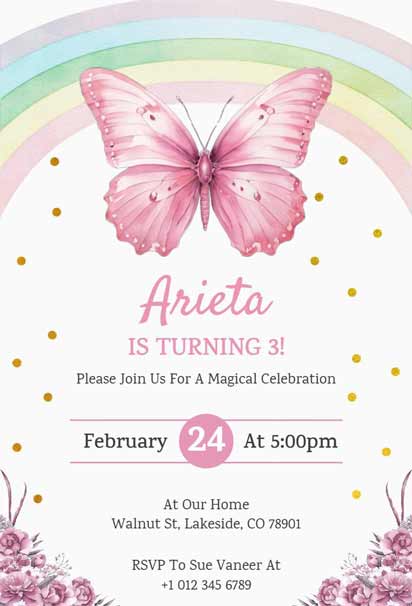 Watercolor Butterfly Rainbow Birthday Invitation Template with Soft Pastel Colors