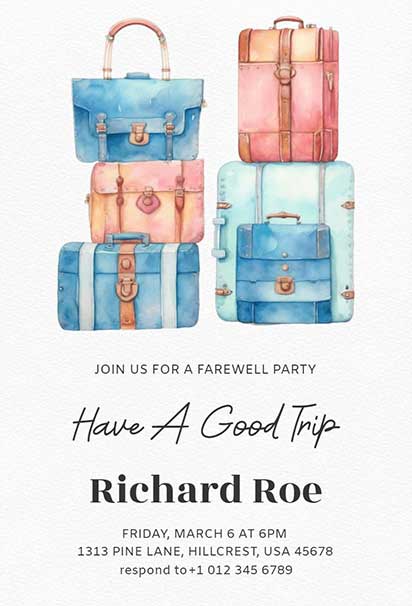 Creative Farewell Party Design With Watercolor Travel Elements Like Suitcases, Maps